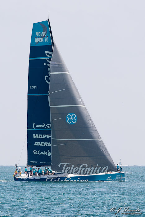Under sail, Team TelefÃ³nica's entrant in the 2011-2012 Volvo Ocean Race, TelefÃ³nica, sails in the Miami Pro-am race off Miami Beach's South Beach on May 18, 2012.
