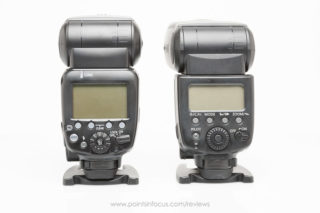 Side by side, the Canon Speelite 600Ex-RT (left) and Canon Speedlite 580Ex II (right).