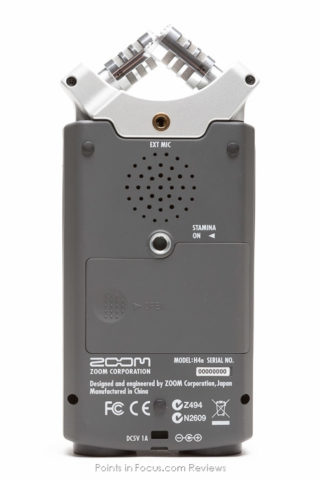 On the back of h4n is battery compartment, speaker, and external stereo mic jack, along with a 1 4-20 threadedsocket for mounting h4n.
