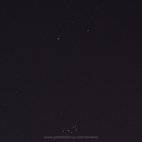 This is nearly the same scene as show in the f/4L test for coma, but shot with the EF 16-35mm f/2.8L II USM, with the same exposure time (4s), note the streaking of the stars due to coma.