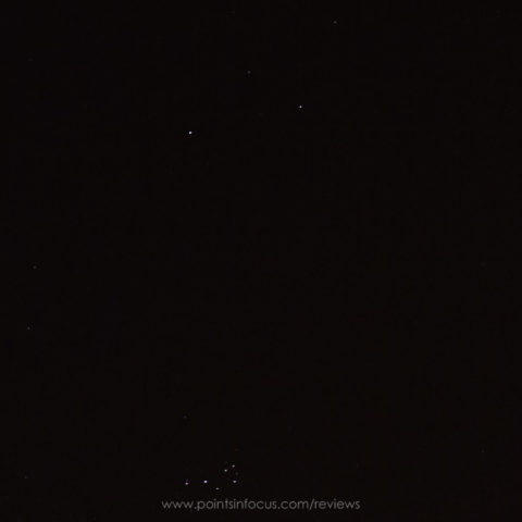 Stars make a great test for coma, and the EF 16-35mm f/4L IS USM does a good job at controling it as show in this corner frame crop. Notice that the stars are effectively point sources in this 4s exposure.