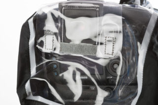 The rear of the hydrophiba is all transparent plastic. to protect camera, since water could get in through eye-piece, there's a clear plastic cover (in place) that covers opening.