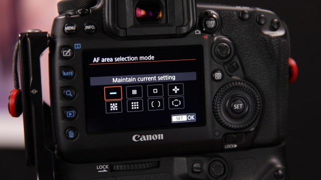 AF area selection mode override screen